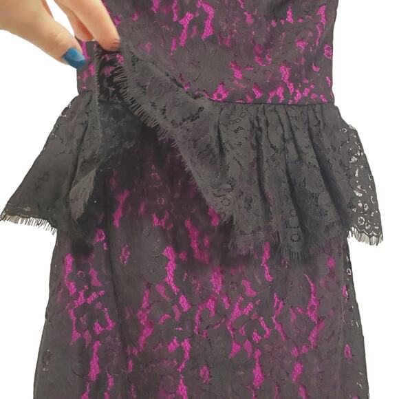 Robert Rodriquez | Peplum Lace Magenta and Black Strapless Cocktail Dress - Picture 4 of 12
